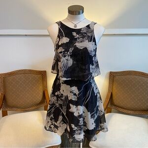 NWOT Halston Black and Gray Floral Sleeveless Mini Babydoll Dress, Fairy Grunge